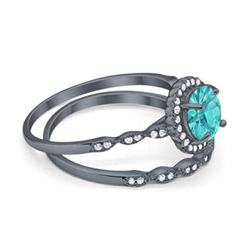 Halo Engagement Ring Two Piece Black Tone Paraiba Tourmaline CZ 925 Sterling Silver